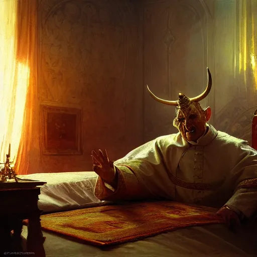 Image similar to the pope is in his bedroom, scared because a horned demon is attacking him. highly detailed painting by gaston bussiere, greg rutkowski, craig mullins 8 k