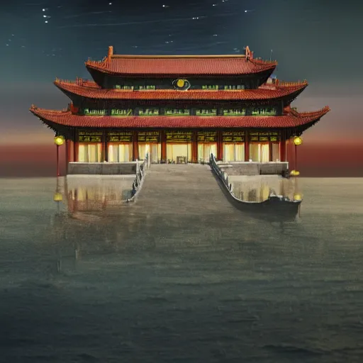 Image similar to a magnificent Chinese castle in the night sky above ocean, sense of awe, breathtaking, extremely detailed, concept art, environment concept, Rendered in Octane, trending on artstation, cgsociety, moody lighting rendered by octane engine, environment 8K artstation, cinematic lighting, intricate details, 4k detail post processing, hyperealistic, photo realism