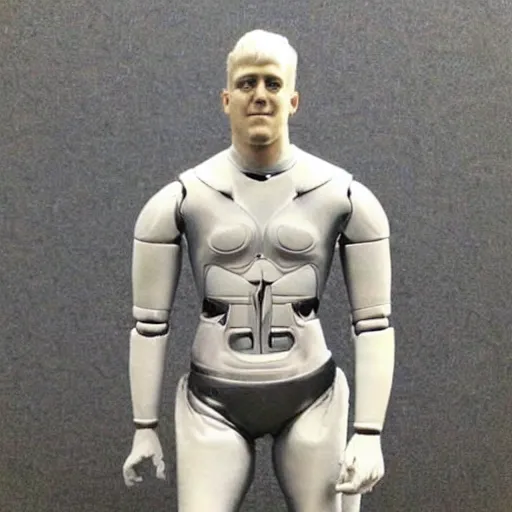 Image similar to “a realistic detailed photo of a guy who is an attractive humanoid who is half robot and half humanoid, who is a male android, football player JJ Watt, shiny skin, posing like a statue, blank stare”