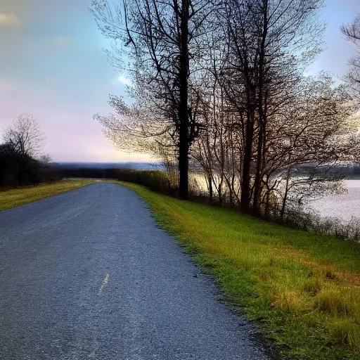 Image similar to Beautiful cameraphone, soft liminal Photograph of an estate road, early morning, small flat lake in the background