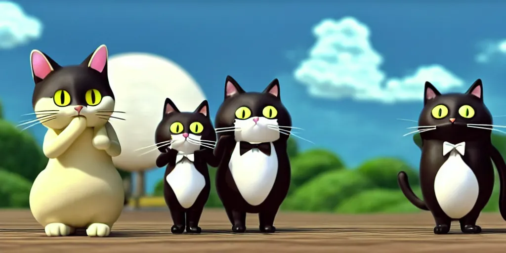 Prompt: a wholesome animation key shot of a cute cat with a monocle and top hat studio ghibli pixar and disney animation sharp render