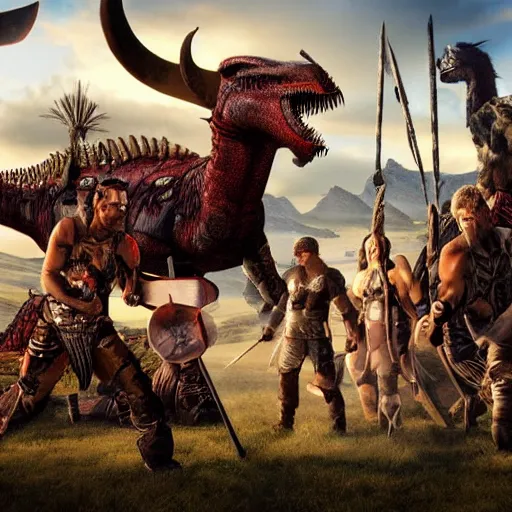 Prompt: Ragnarok with vikings fighting cyborg dinosaurs