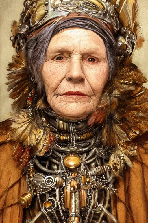 Prompt: portrait, headshot, digital painting, of a old 17th century, old lady cyborg merchant, amber jewels, clorful feathers, baroque, ornate clothing, scifi, futuristic, realistic, hyperdetailed, chiaroscuro, rimlight, concept art, art by Waterhouse