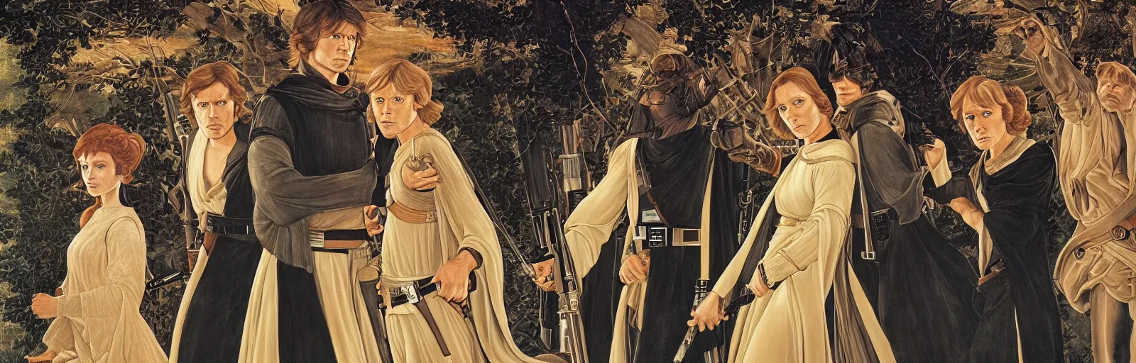 Prompt: luke skywalker, princess leia and han solo in return of the jedi, by sandro botticelli
