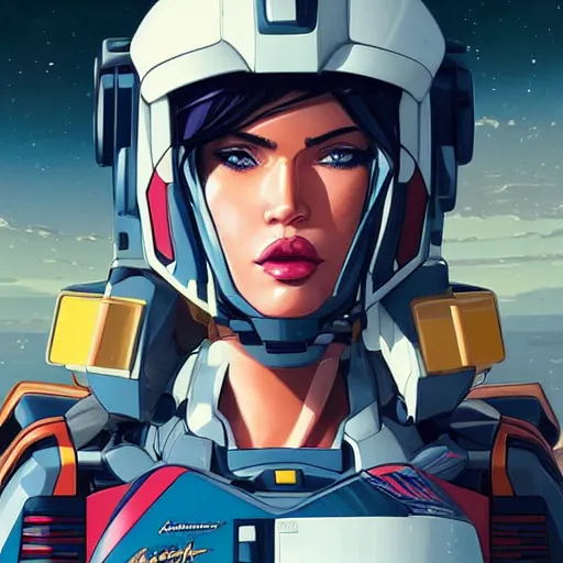 Image similar to a portrait of a stunning beautiful elite megan fox gundam pilot, with an intricate, detailed, urban inspired hiphop afro futuristic helmet, vector behance hd jesper ejsing, rhads, makoto shinkai, lois van baarle, ilya kuvshinov, rossdraws, hd, 3 2 k, ilya kuvshinov, gustav klimt