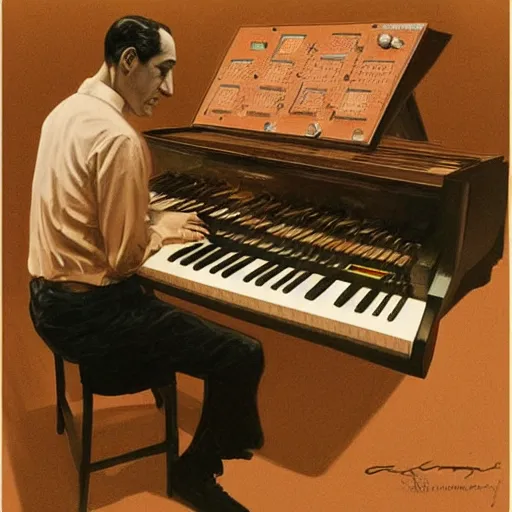 Image similar to photo of george gershwin playing a modular synthesizer, realistic, sharp focus, 4 k high definition, insanely detailed, intricate, elegant, art by stanley lau and artgerm