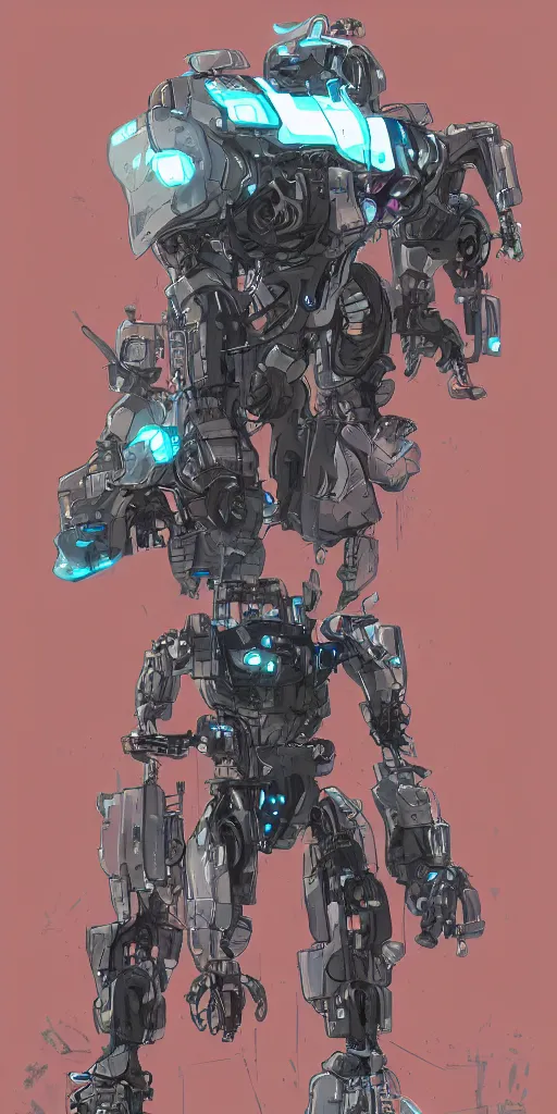 Prompt: portrait sci-fi concept art of a cybernetic mech robot, retrowave noir, atom punk, dynamic lighting, disco elysium, in the style of Yoji Shinkawa and olly moss