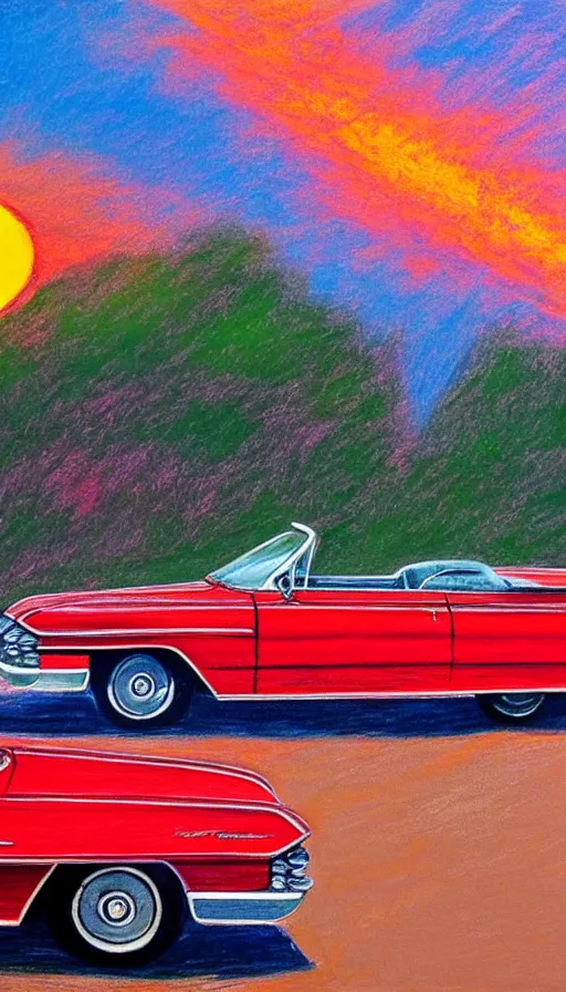 Image similar to 1 9 6 3 red cadillac convertible in the distance driving down empty highway into an orange sunrise, oil pastel, high detail, realistic, vintage, surreal