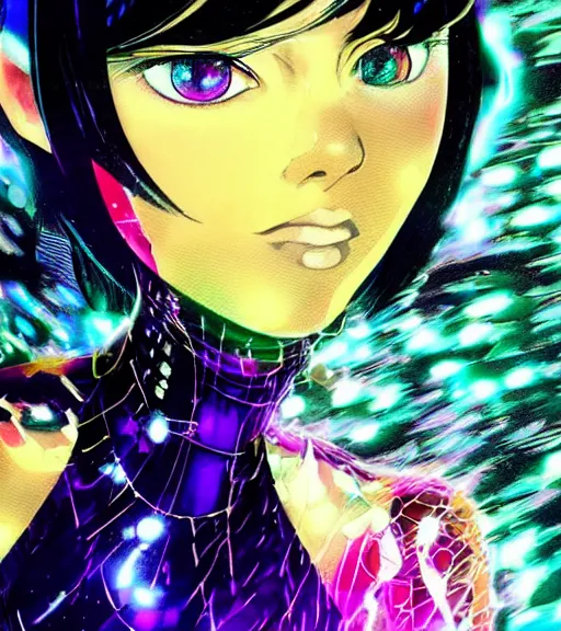 Prompt: beautiful closeup portrait of a black bobcut hair style futuristic magical girl in a blend of 8 0 s anime - style art, augmented with vibrant composition and color, filtered through a cybernetic lens, by hiroyuki mitsume - takahashi and noriyoshi ohrai and annie leibovitz, dynamic lighting