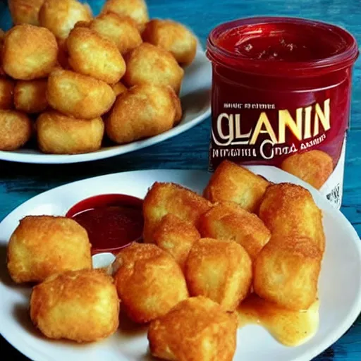 Image similar to food photo of channing tatum's face on top of giant tater tot on a plate with ketchup