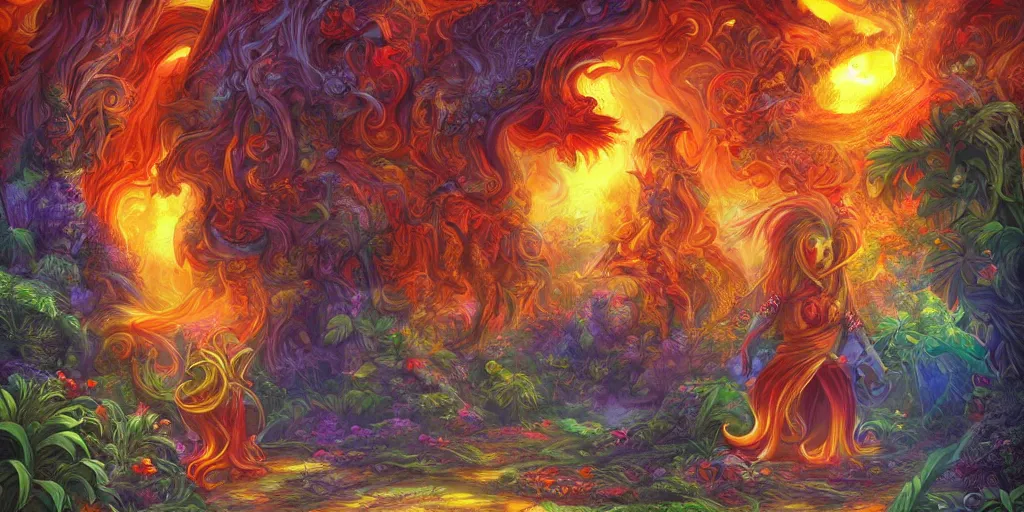 Prompt: Fiery illusions of mythical creatures wandering around on a cloudy path to paradise, digital art, vibrant, detailed