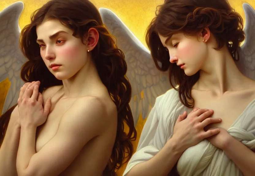 Image similar to pwerful angle demon afraid of an angel painting, good vs evil, highly detailed, digital painting, smooth, beautiful angle, weak demon, sharp focus, illstration, ultra realistic, dmon vs angle, heaven vs hell, 8 k, strong and powerful confident angle art by artgerm and greg rutkowski and alphonse mucha