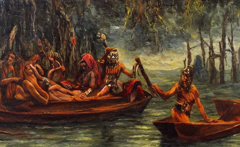 Prompt: an aztec cultist on a boat in the swamp in the style of romanticism, oil painting