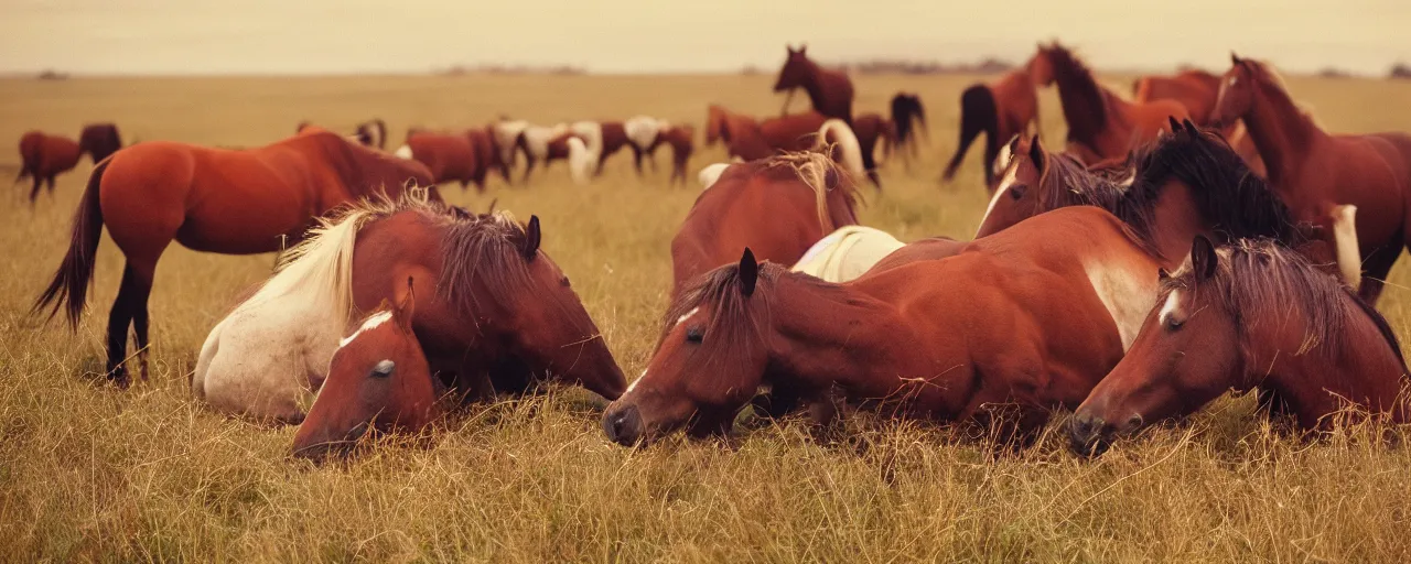 Image similar to wild horses sleeping on top of spaghetti, in a field, in the style of national geographic, canon 5 0 mm, film, kodachrome, retro, muted