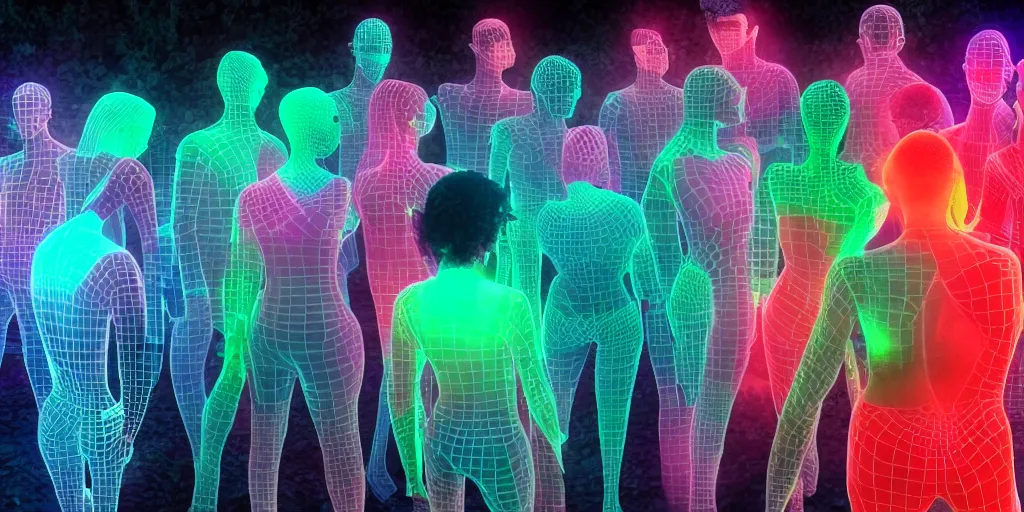 Image similar to diverse groups of humans with glowing electronic body implants projecting amazing 3D graphics, from behind, rebirth, beauty, wide angle, elaborate, wet, highly detailed, colors, beautiful lighting