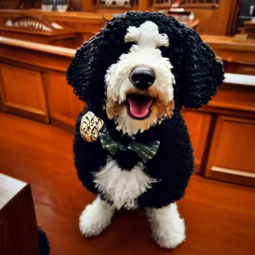 Image similar to a closeup photorealistic photograph of a cute smiling knitted bernedoodle judge dog dressed in a black gown, presiding over the courthouse. indoor image, professional capture, well lit shot. this 4 k hd image is trending on artstation, featured on behance, well - rendered, extra crisp, features intricate detail, epic composition and the style of unreal engine.