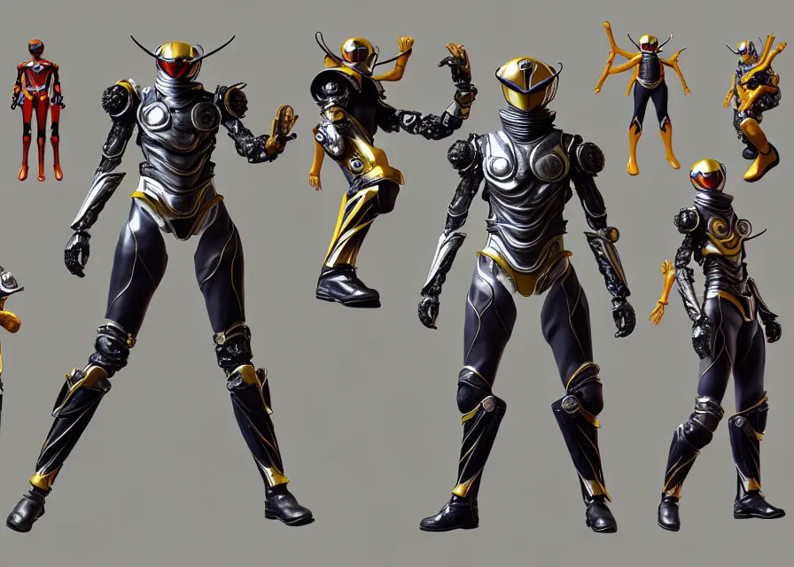 Image similar to concept art sprite sheet of kamen rider, big belt, human structure bee concept art, hero action pose, human anatomy, intricate detail, hyperrealistic art and illustration by irakli nadar and alexandre ferra, unreal 5 engine highlly render, global illumination