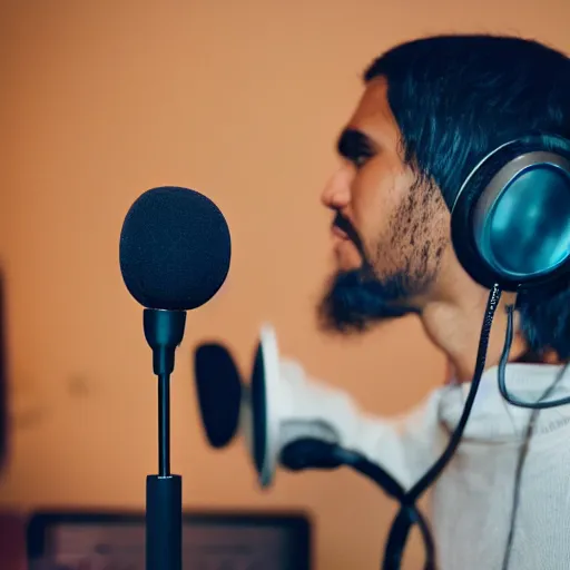 Image similar to A photograph of a bird wearing headphones and speaking into a high-end microphone in a recording studio.