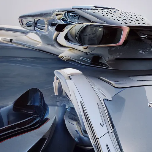 Image similar to car : motherboard forms in the style of zaha hadid architecture sci-fi futuristic setting ultra realistic photography, keyshot render, octane render, unreal engine 5 render , high oiled liquid glossy specularity reflections, ultra detailed, golden hour 4k, 8k, 16k in the style ofblade runner 2049 Cyberpunk 2077 ghost in the shell thor 2 marvel film : tilt shift: sharp focus