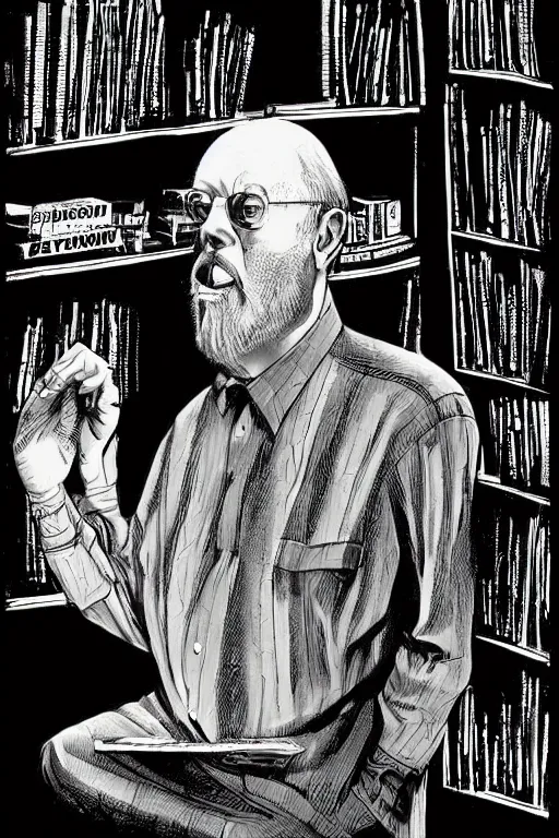 Image similar to an awesome jean giraud digital art masterpiece of robert anton wilson telling jokes at a local bookstore