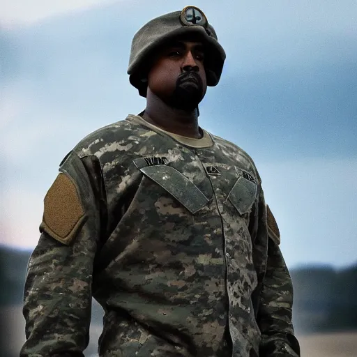 Image similar to kanye west as a us army soldier, cinematic lighting, photorealistic