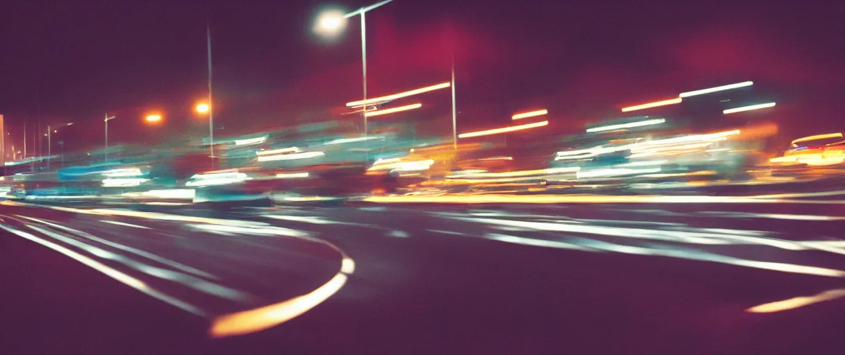 Prompt: nighttime on a Highway, Closeup of a man and a woman hugging, the cars are rushing past them. they are illuminated by the lights, kodak portra, grainy, triadic color scheme