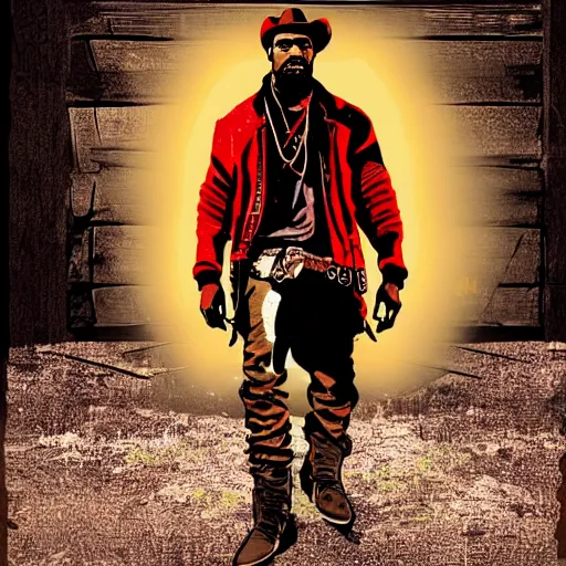 Image similar to kanye west in illustration red dead redemption 2 artwork of kanye west, in the style of red dead redemption 2 loading screen, by stephen bliss