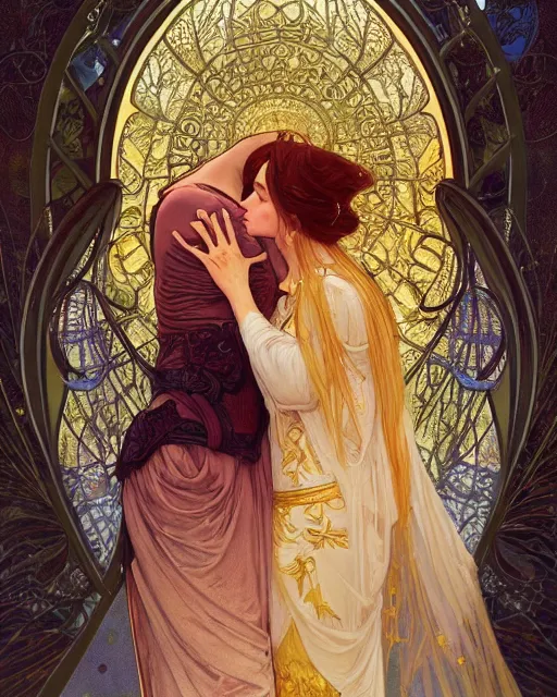 Image similar to the kiss | highly detailed | very intricate | art nouveau | gold filigree | romantic storybook fantasy | soft cinematic lighting | award - winning | watercolor painting by mandy jurgens and alphonse mucha and alena aenami | pastel color palette | featured on artstation