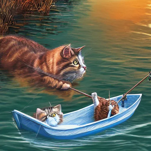Prompt: cat fishing in a river while in a boat illustrated by Bill Watterson in stunning color; 8k; digital art; artstation; award winning