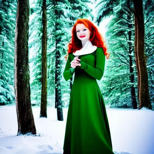 Image similar to redhead women in a green dress, with pockets, photorealistic, saturated colors, winter scenario