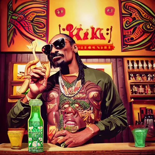 Prompt: a photorealistic photograph of a Trader Vic's tiki mug featuring Snoop Dogg at a tiki bar - Trending on Artstation, featured on Behance, well-rendered, Unreal Engine, 4K HD