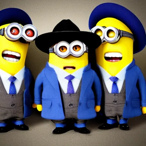 Prompt: three minions standing on top of eachother wearing a trenchcoat and a fedora, pretending to be an adult businessman