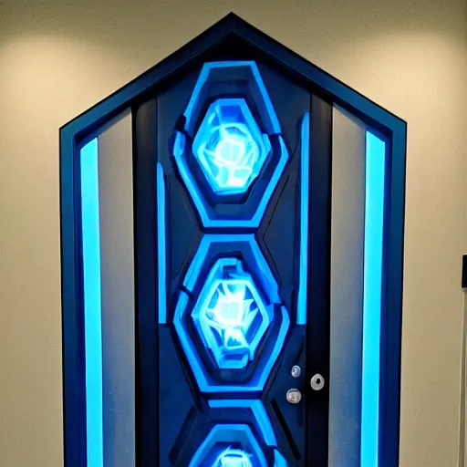 Image similar to a blue hexagonal door from the movie tron : legacy