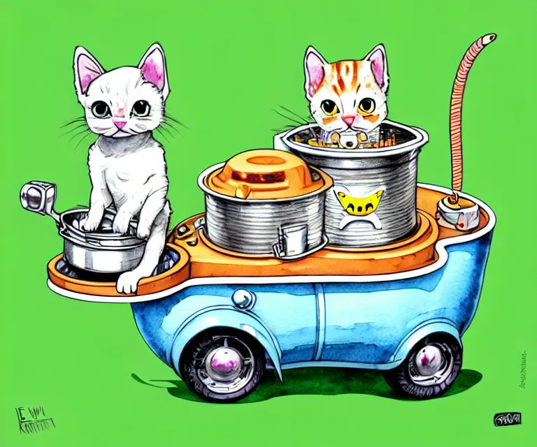 Image similar to cute and funny, kitten wearing a cookpot helmet driving a catnip truck like they stole it, ratfink style by ed roth, centered award winning watercolor pen illustration, isometric illustration by chihiro iwasaki, edited by craola, tiny details by artgerm and watercolor girl, symmetrically isometrically centered