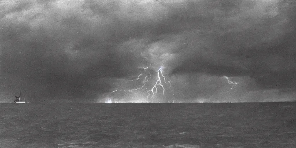 Image similar to a boat sailing in a thunderstorm where the clouds look like skulls, 1 9 0 0 s photograph