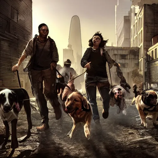 Prompt: dogs riding humans and herding slave humans in a postapocalyptic cityscape photo dramatic lighting