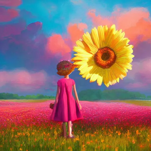 Image similar to giant daisy flower as head, girl standing in a flower field, surreal photography, sunrise, dramatic light, impressionist painting, colorful clouds, digital painting, artstation, simon stalenhag