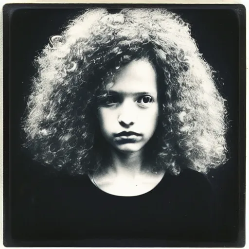 Prompt: polaroid picture, beautiful light - skinned teenage girl, symmetrical face, curly hair, afro, full shot, artistic, black and white, eerie, francesca woodman style