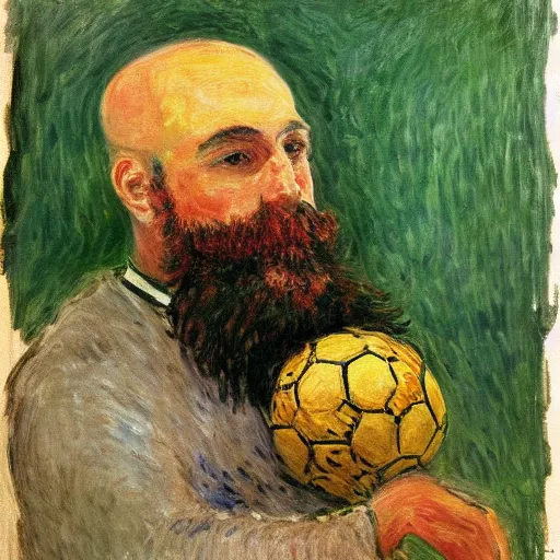 Prompt: monet painting of a bearded man with shaved head kissing a soccer ball, intimate, beautiful, highly detailed, realistic,