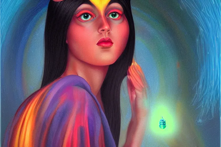 Image similar to patron saint of 🛸🌈👩🏾, futuristic clothing, neon god of city character portrait, in the style of margaret keane, moebius, tom bagshaw, and waterhouse, cinematic lighting, beautiful, elegant, oil painting,