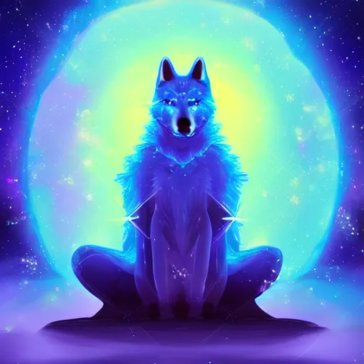 Image similar to A blue translucent wolf meditating in outer space, stars, artstation, digital art, spiritual, award winning, colourful