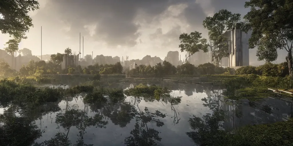 Image similar to an extremely detailed cathedral of brutalist architecture, surrounded by lush green forest, ponds of water, stunning volumetric lighting, sunset, rusted steel, smooth concrete, stunning skies, trending on Artstation, 8k, photorealistic, hyper detailed, unreal engine 5, IMAX quality, cinematic, epic lighting, in the style of Greg Rutkowski