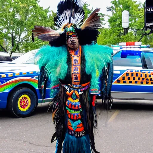 Prompt: full body photo of an indigenous chologoth shaman dressed with a quetzalcoatl feathered serpent dancing over a lowrider police patrol in brooklyn
