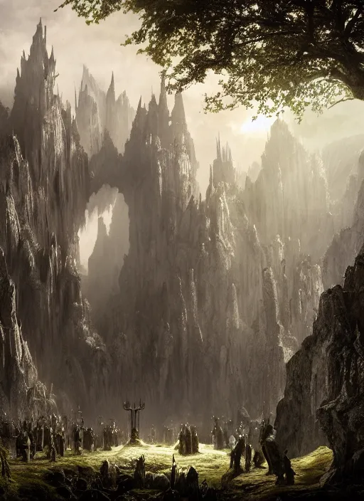 Image similar to medieval adventurer in lord of the rings scenery landscape, inside an enormous overgrown alien cathedral, huge statue of a dragon made of shiny obsidian in the distance, highly detailed, cinematic lighting, perfect composition, 4 k, gustave dore, derek zabrocki, greg rutkowski, octane render