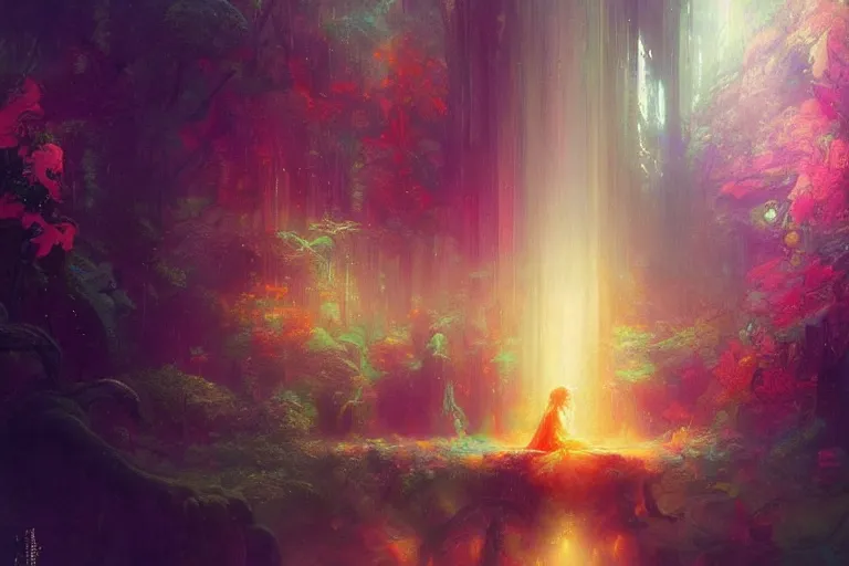 Image similar to a psychedelic realm hidden away in a pocket of ethereal understanding, astral beings sharing love greg rutkowski wlop lisa frank bob ross, ruan jia