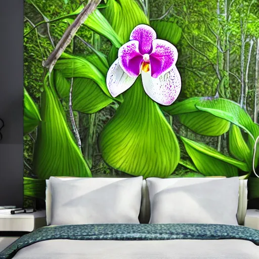 Image similar to giant orchid in forrest, highly detailed, photorealistic