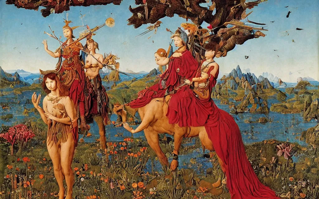 Prompt: a portrait photograph of a meditating harpy and a centaur king riding eagles and hunting at a river delta. surrounded by bulbous flowers and trees. mountain range under a blue sky of fiery stars. by jan van eyck, max ernst, ernst haeckel, ernst fuchs and artgerm, cgsociety, fashion editorial, 8 k