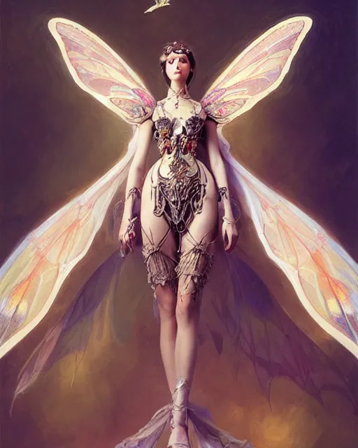 Image similar to Moth Fairy Maiden with large moth like wings wearing ornate dress by Ruan Jia and Andrei Riabovitchev, featured on Artstation, Hyperdetailed, stylized, realistic oil on linen, masterpiece, fantasy, dark academia