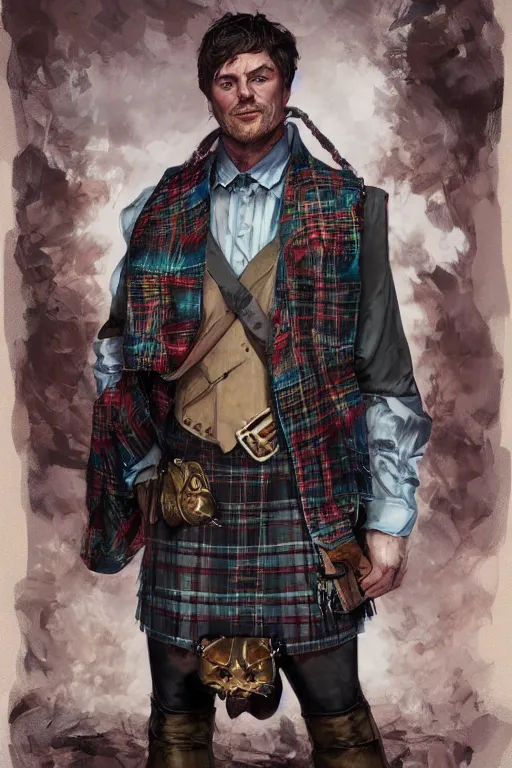 Prompt: portrait of the tartan catfolk unsealer wearing imperial vest by artgerm and Craig Mullins, James Jean, Andrey Ryabovichev, Mark Simonetti and Peter Morbacher 16k