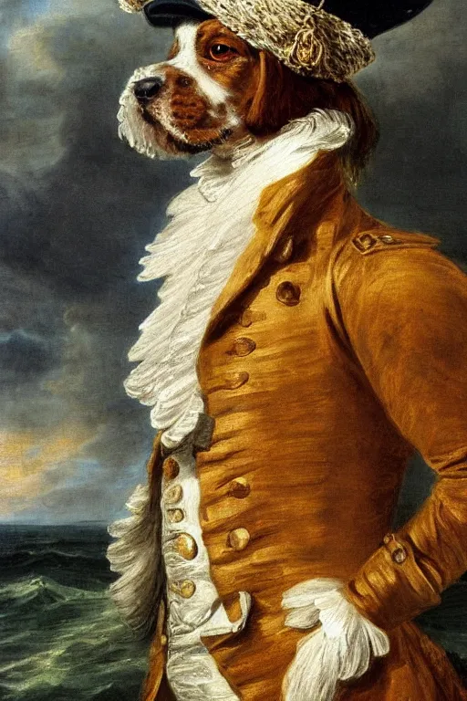 Image similar to A painted portrait of an entirely brown springer spaniel with no white hair, wearing a sea captain's uniform and hat, stood aboard a ship at sea, by Thomas Gainsborough, elegant, highly detailed, anthro, anthropomorphic dog